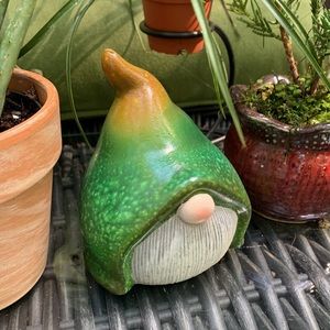Little garden gnome. Green and white ceramic gnome.4” x 4”
